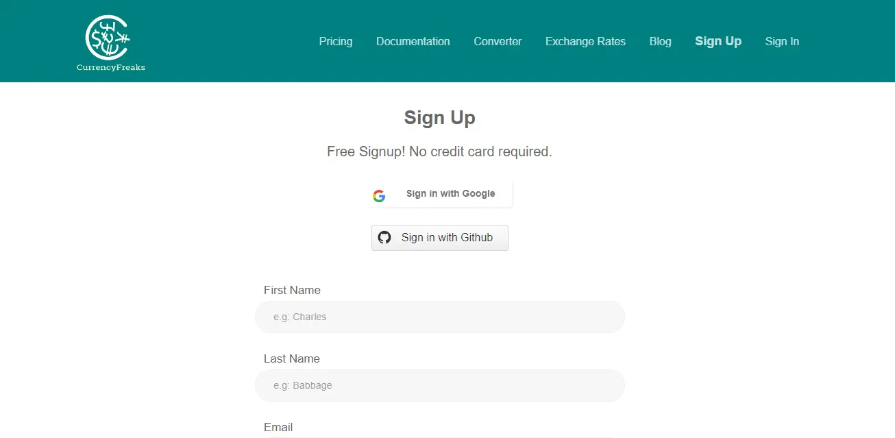 Sign up page of currencyfreaks website