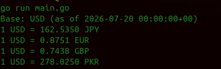 Terminal output of the Golang currency API integration showing live USD exchange rates
