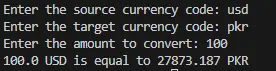 Output of python code written for integration of currencyfreaks converter api
